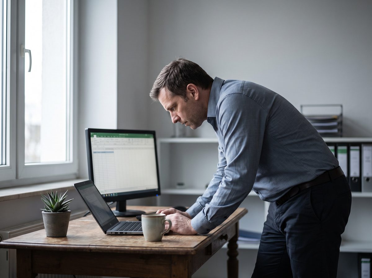 Arbeitsplatz im Büro mit Bildschirm und Aktenordnern