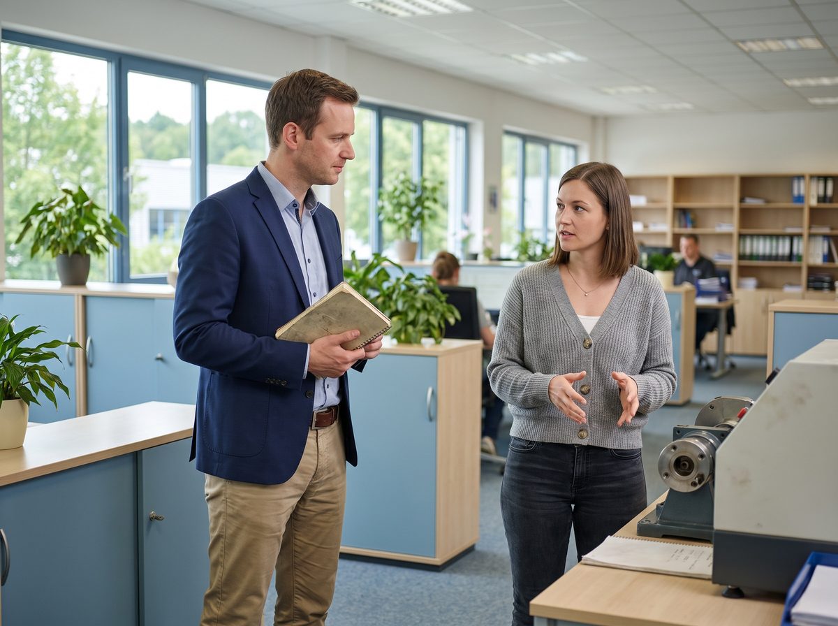 Auditor im Gespräch mit einer Mitarbeiterin am Arbeitsplatz