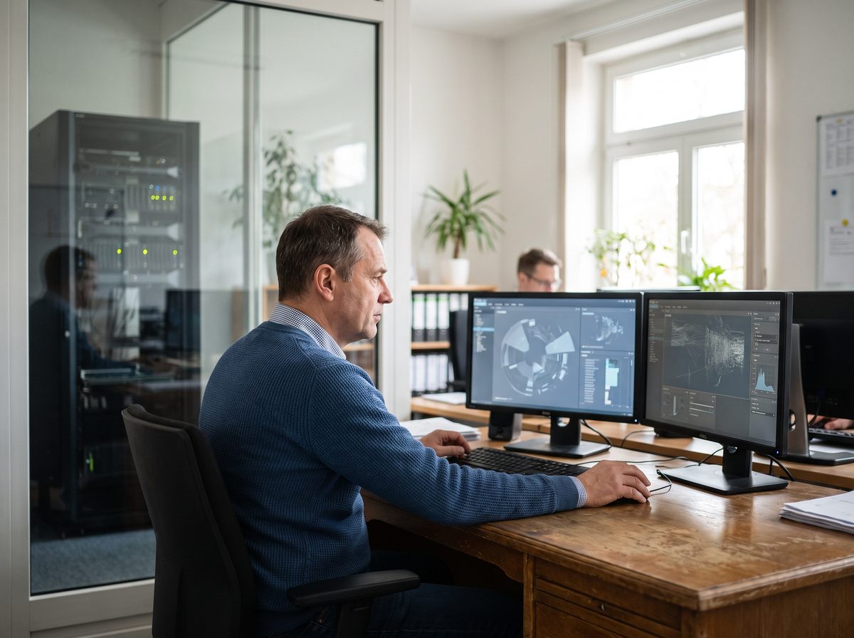IT-Verantwortlicher prüft Zugriffsberechtigungen an zwei Bildschirmen