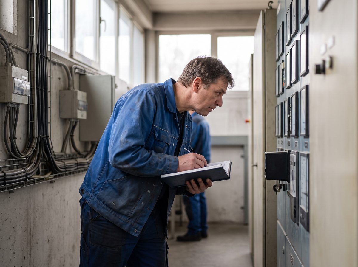 Techniker liest Verbrauchswerte an einer Energieverteilung ab