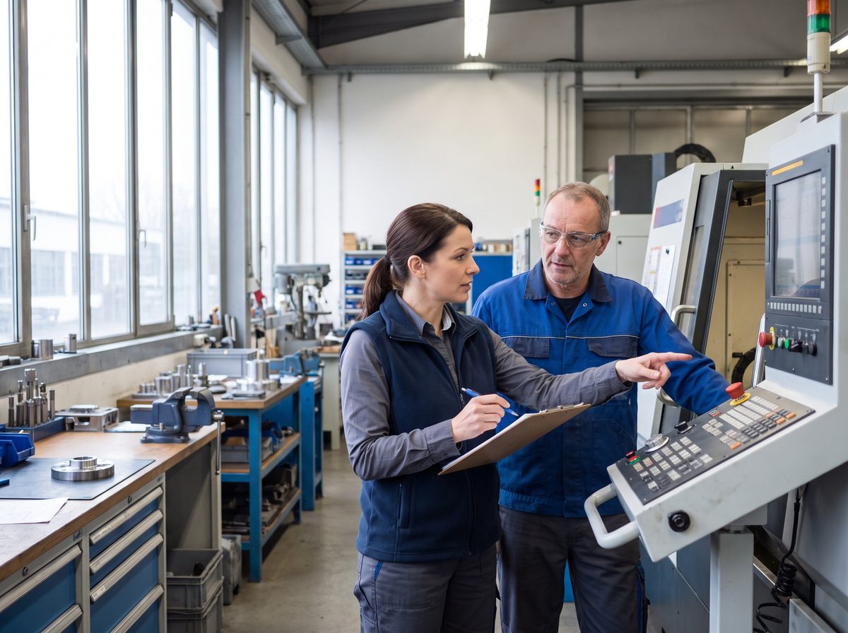 Produktionsleiterin bespricht mit einem Mitarbeiter einen Arbeitsablauf an der Maschine