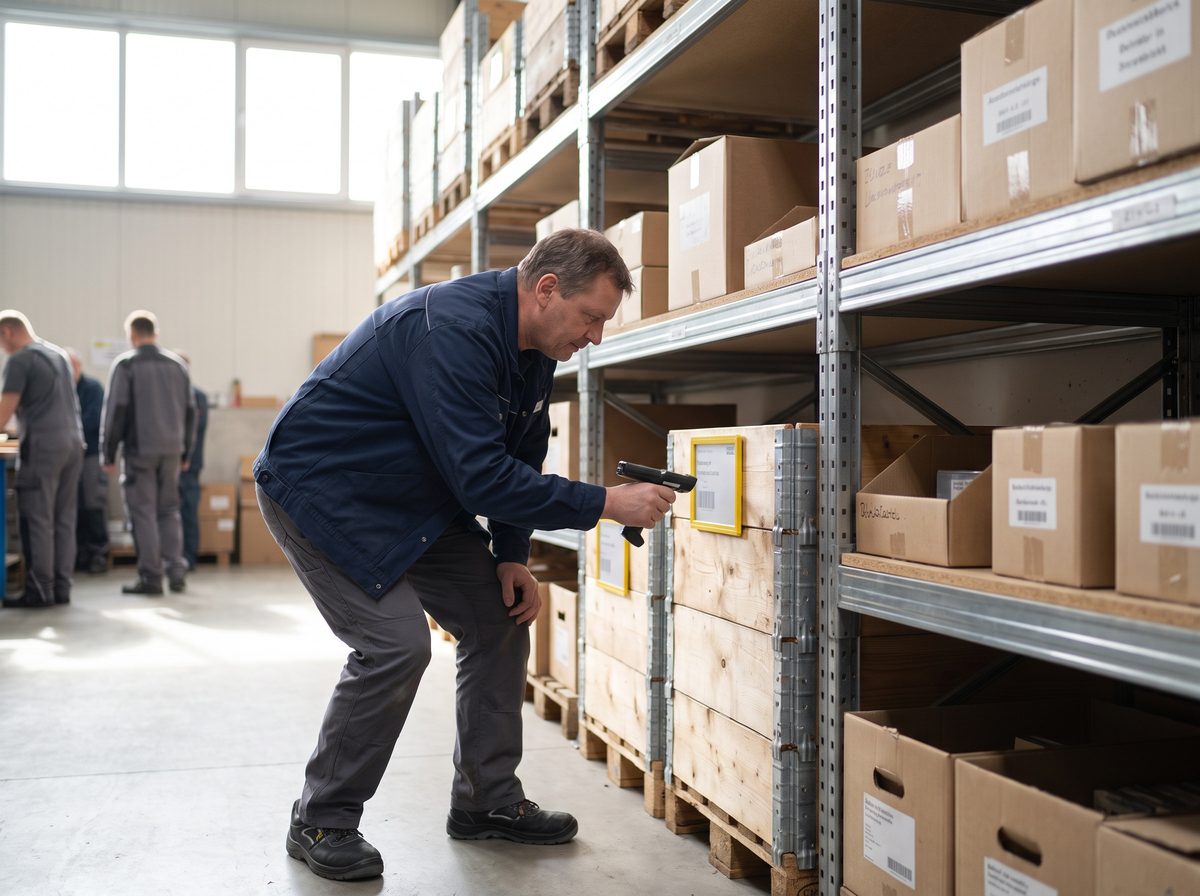 Gekennzeichnete Lagerplätze und Regalzeilen in einer Logistikhalle