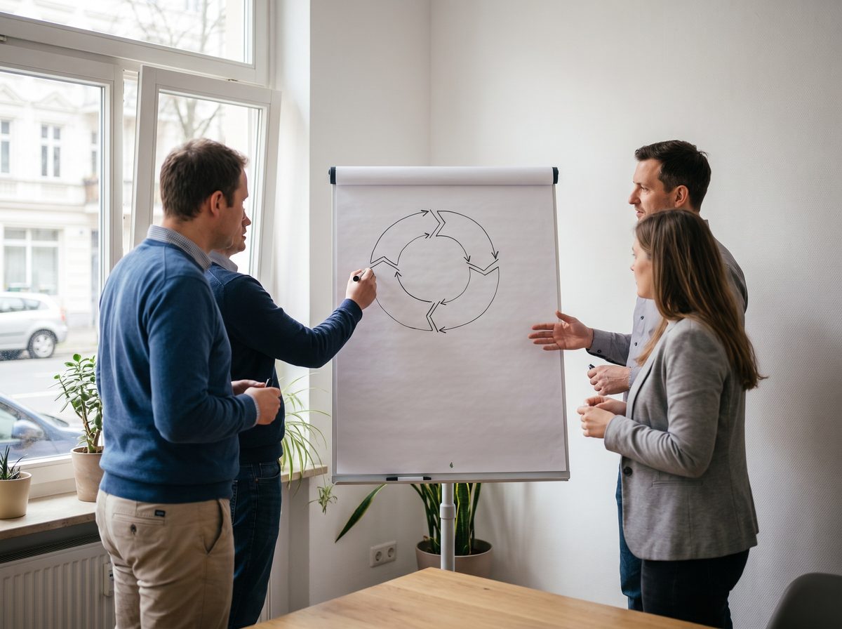 Team erarbeitet an einem Flipchart einen Verbesserungszyklus