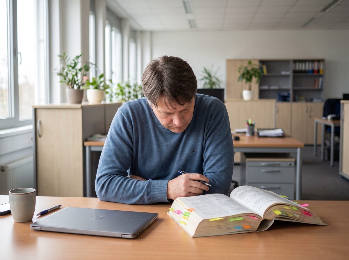 Fachkraft arbeitet mit einem gedruckten Regelwerk am Schreibtisch