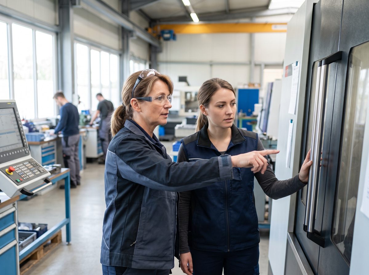 Erfahrener Mitarbeiter erklärt einer Kollegin einen Arbeitsschritt an der Maschine